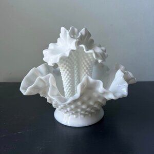 Vintage Fenton Hobnail Milk Glass Epergne Ruffled Bowl 3 Hoened Vase Art Glass